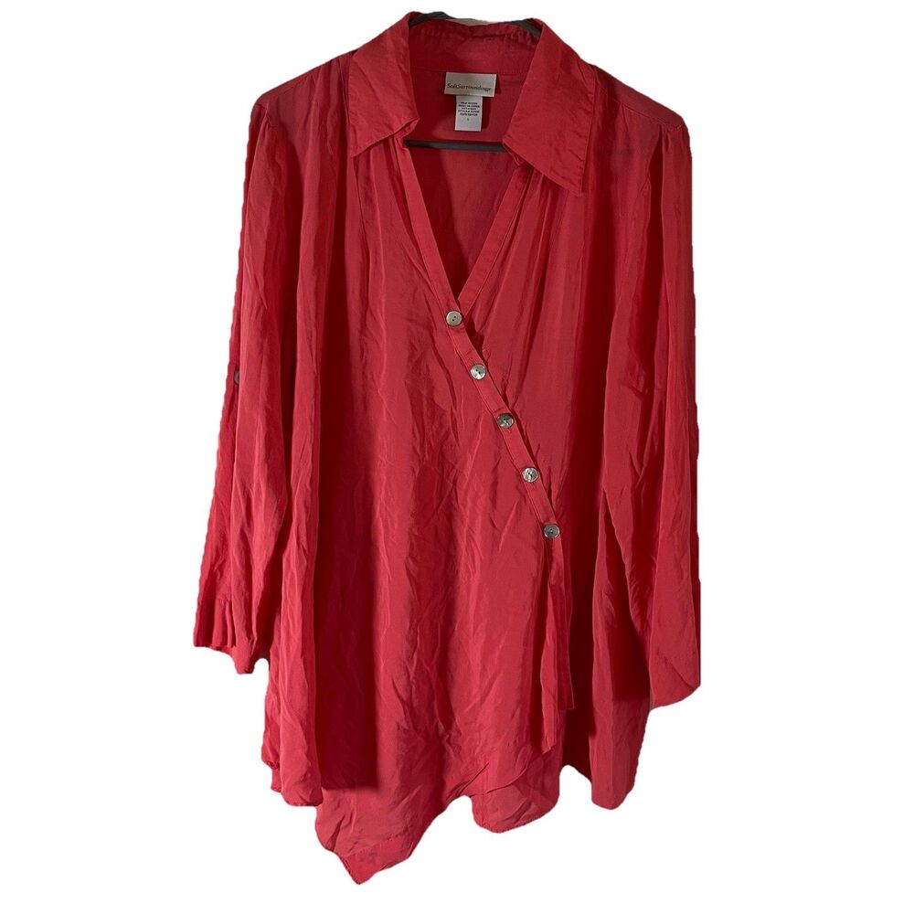 Soft Surroundings Coral Asymmetric Tunic Top Rayon Sz L Shell Button